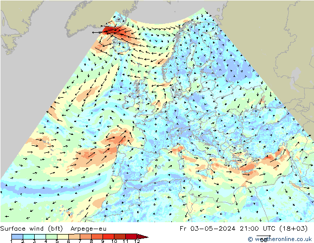 wiatr 10 m (bft) Arpege-eu pt. 03.05.2024 21 UTC