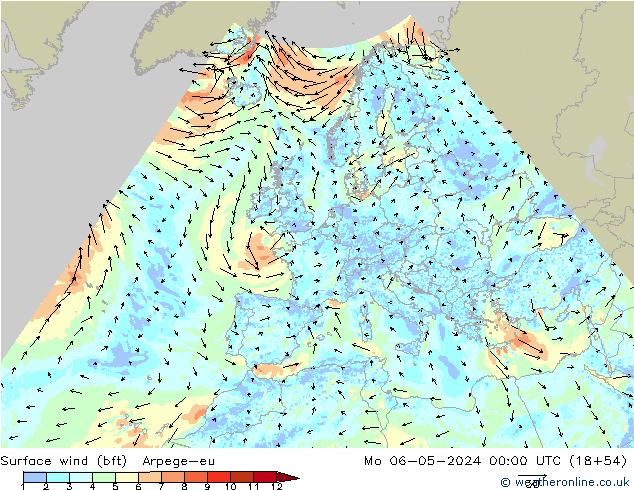 Surface wind (bft) Arpege-eu Mo 06.05.2024 00 UTC