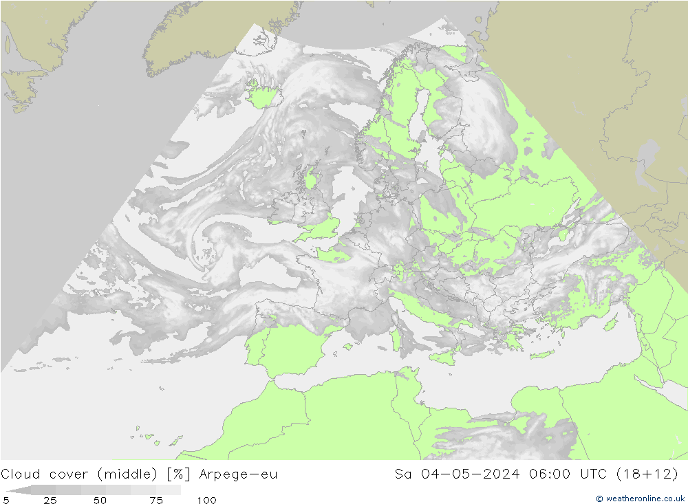 Cloud cover (middle) Arpege-eu Sa 04.05.2024 06 UTC