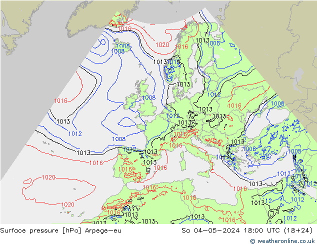 Pressione al suolo Arpege-eu sab 04.05.2024 18 UTC