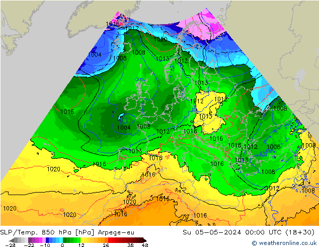 SLP/Temp. 850 гПа Arpege-eu Вс 05.05.2024 00 UTC