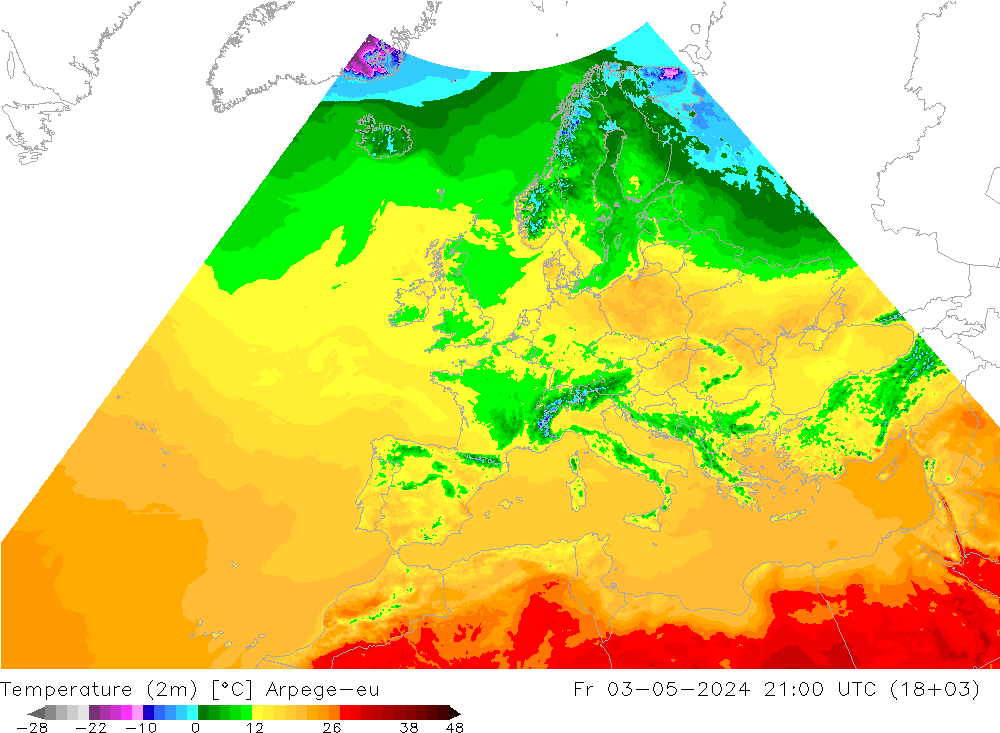 Temperature (2m) Arpege-eu Pá 03.05.2024 21 UTC