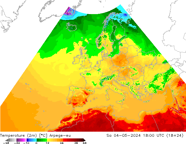 Temperaturkarte (2m) Arpege-eu Sa 04.05.2024 18 UTC