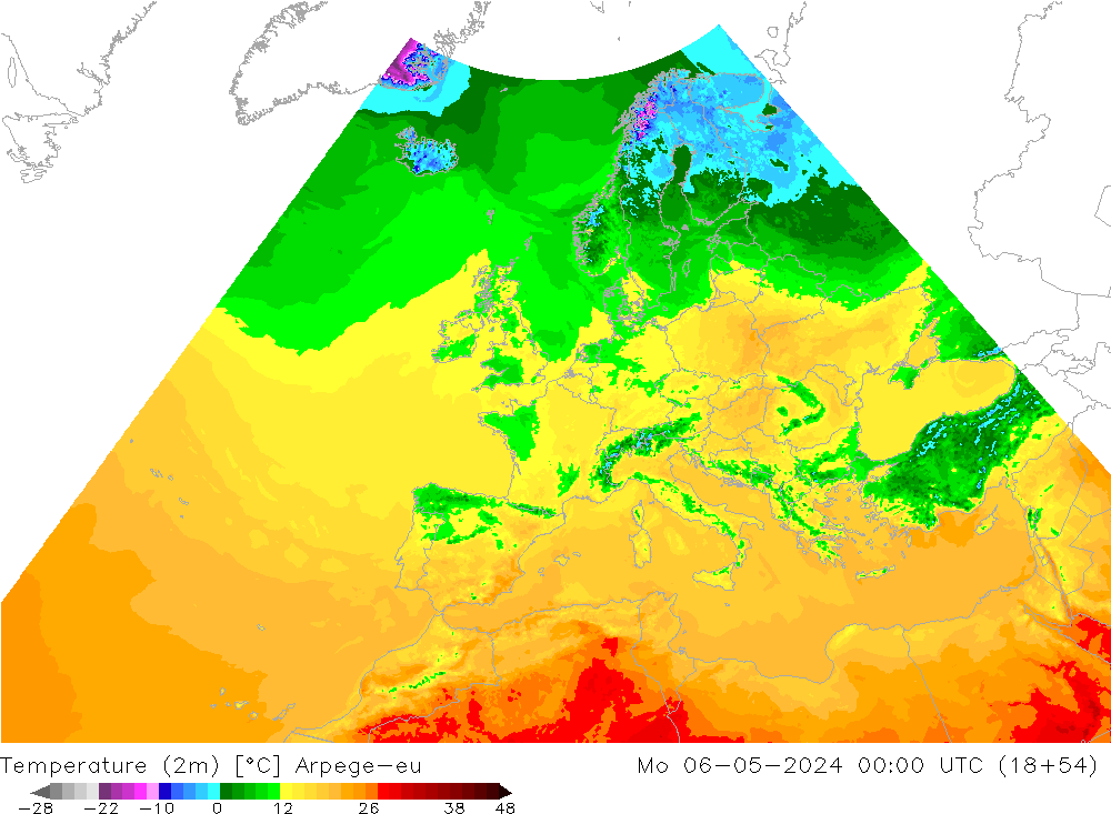 Temperatuurkaart (2m) Arpege-eu ma 06.05.2024 00 UTC