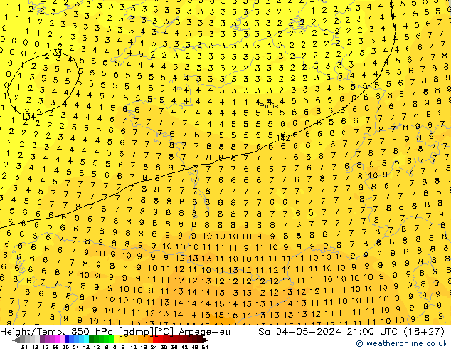 Height/Temp. 850 hPa Arpege-eu Sa 04.05.2024 21 UTC