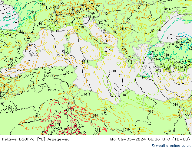 Theta-e 850hPa Arpege-eu lun 06.05.2024 06 UTC