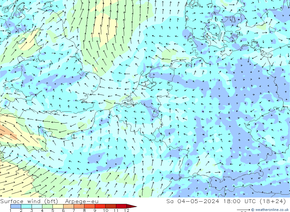 Surface wind (bft) Arpege-eu Sa 04.05.2024 18 UTC