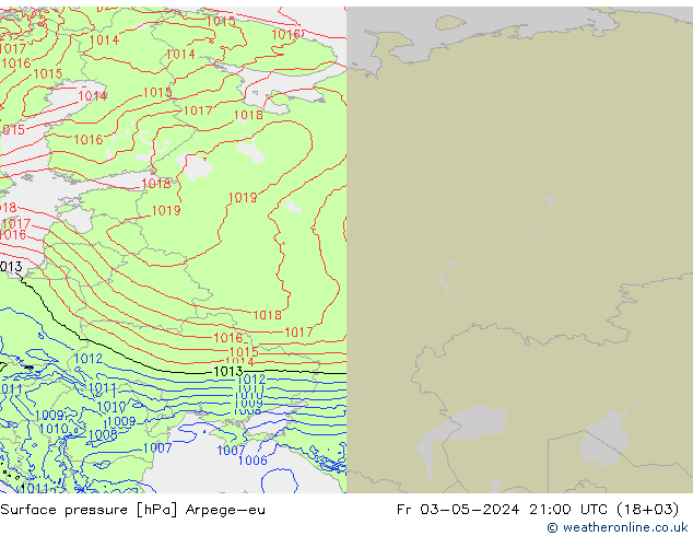 Atmosférický tlak Arpege-eu Pá 03.05.2024 21 UTC