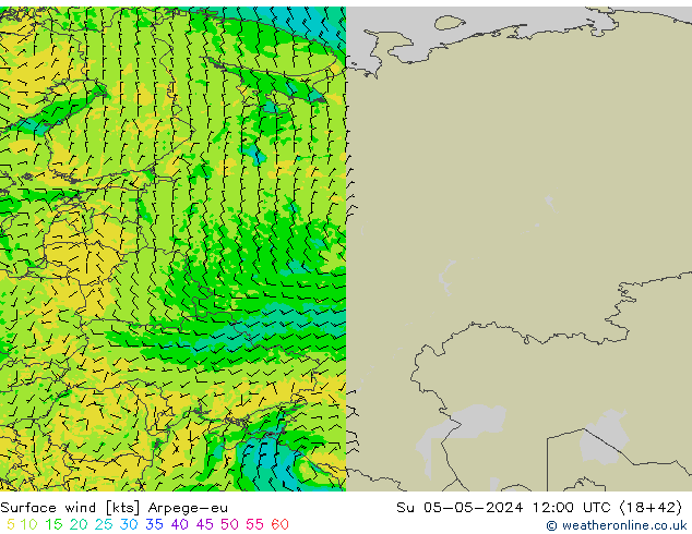 wiatr 10 m Arpege-eu nie. 05.05.2024 12 UTC