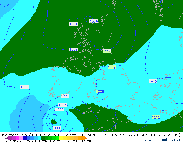 Espesor 700-1000 hPa Arpege-eu dom 05.05.2024 00 UTC