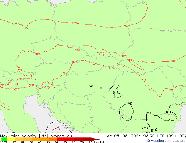 Max. wind velocity Arpege-eu mié 08.05.2024 06 UTC