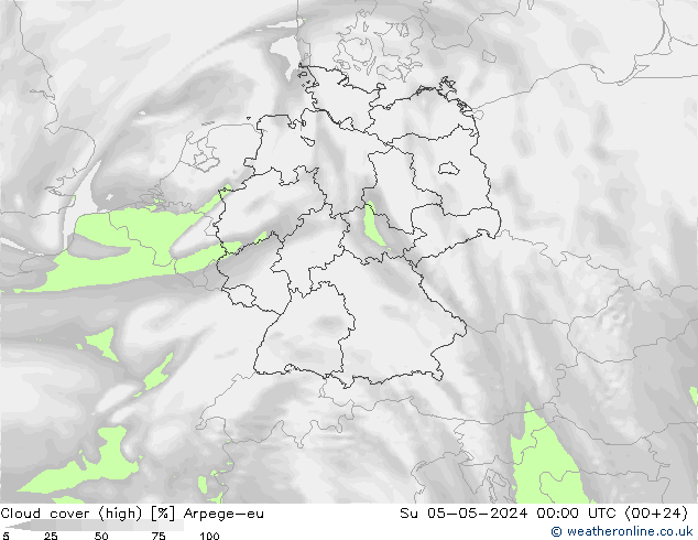 Cloud cover (high) Arpege-eu Su 05.05.2024 00 UTC