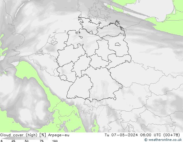 zachmurzenie (wysokie) Arpege-eu wto. 07.05.2024 06 UTC
