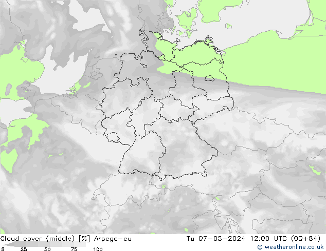Cloud cover (middle) Arpege-eu Tu 07.05.2024 12 UTC