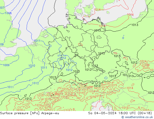 Pressione al suolo Arpege-eu sab 04.05.2024 18 UTC