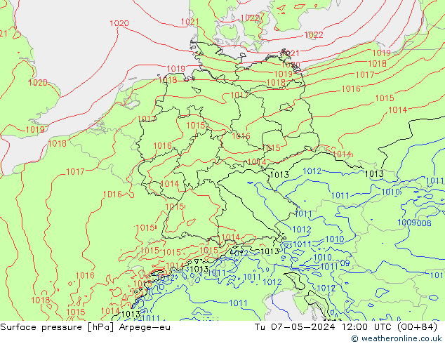 Surface pressure Arpege-eu Tu 07.05.2024 12 UTC