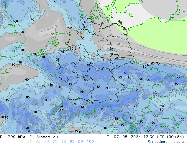 Humidité rel. 700 hPa Arpege-eu mar 07.05.2024 12 UTC