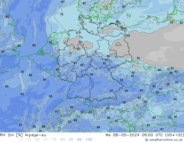 Humidité rel. 2m Arpege-eu mer 08.05.2024 06 UTC