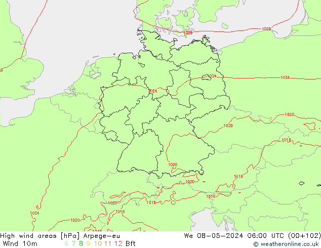 Windvelden Arpege-eu wo 08.05.2024 06 UTC