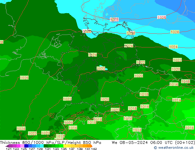 Thck 850-1000 hPa Arpege-eu We 08.05.2024 06 UTC