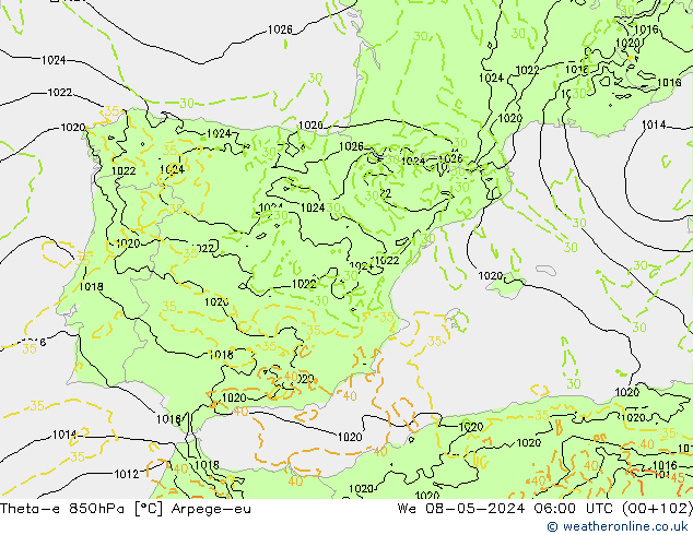 Theta-e 850hPa Arpege-eu  08.05.2024 06 UTC