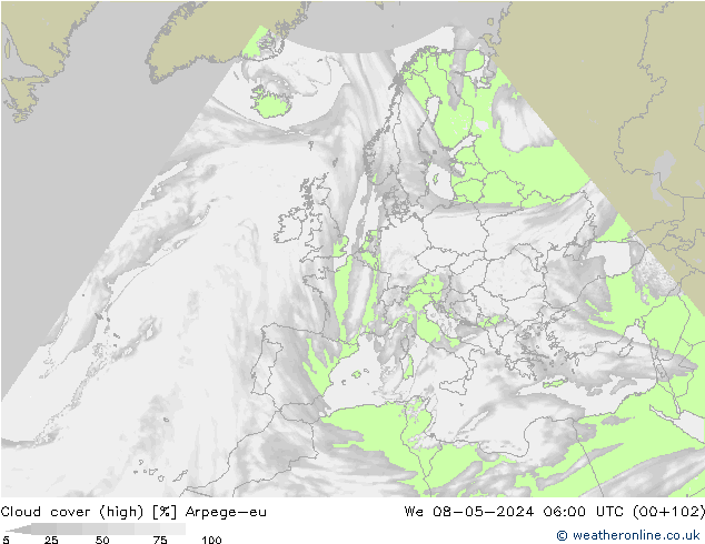 Cloud cover (high) Arpege-eu We 08.05.2024 06 UTC