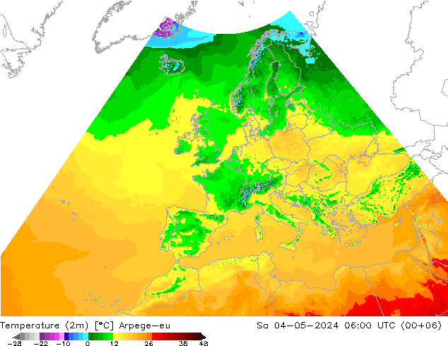 Temperatuurkaart (2m) Arpege-eu za 04.05.2024 06 UTC