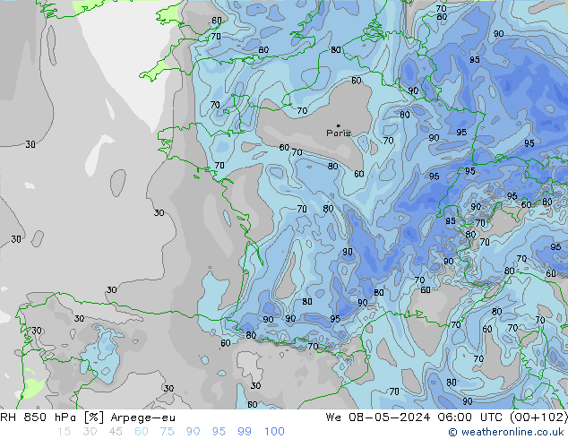 RH 850 hPa Arpege-eu St 08.05.2024 06 UTC