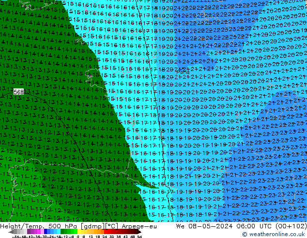 Height/Temp. 500 hPa Arpege-eu Mi 08.05.2024 06 UTC