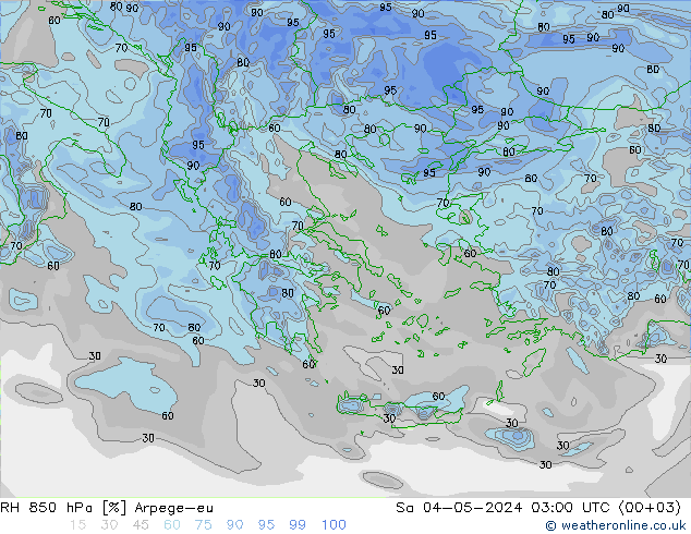 Humidité rel. 850 hPa Arpege-eu sam 04.05.2024 03 UTC
