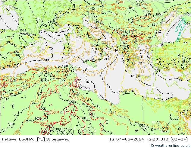 Theta-e 850hPa Arpege-eu di 07.05.2024 12 UTC