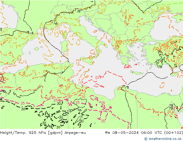 Géop./Temp. 925 hPa Arpege-eu mer 08.05.2024 06 UTC