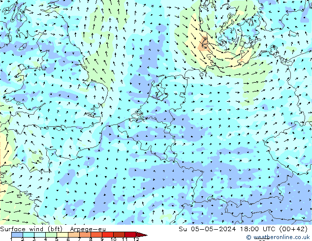 Wind 10 m (bft) Arpege-eu zo 05.05.2024 18 UTC