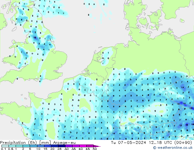 Precipitation (6h) Arpege-eu Tu 07.05.2024 18 UTC