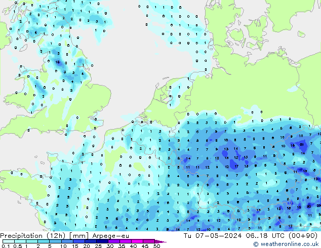 Precipitation (12h) Arpege-eu Tu 07.05.2024 18 UTC