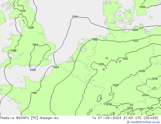 Theta-e 850hPa Arpege-eu Tu 07.05.2024 21 UTC