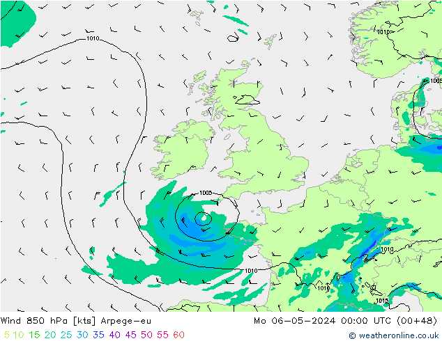 Wind 850 hPa Arpege-eu ma 06.05.2024 00 UTC