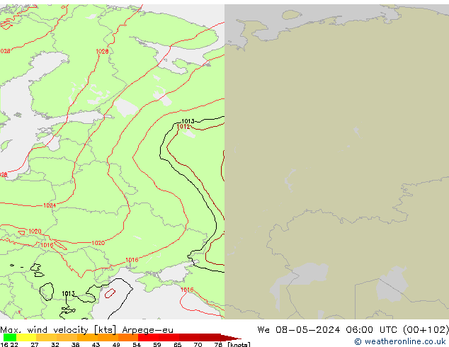 Max. wind snelheid Arpege-eu wo 08.05.2024 06 UTC