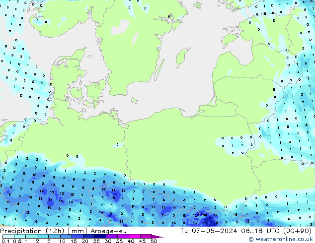 Totale neerslag (12h) Arpege-eu di 07.05.2024 18 UTC