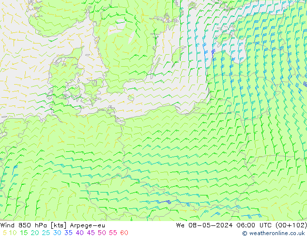 Viento 850 hPa Arpege-eu mié 08.05.2024 06 UTC