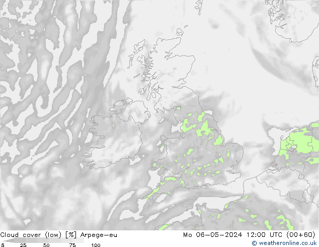 Cloud cover (low) Arpege-eu Mo 06.05.2024 12 UTC