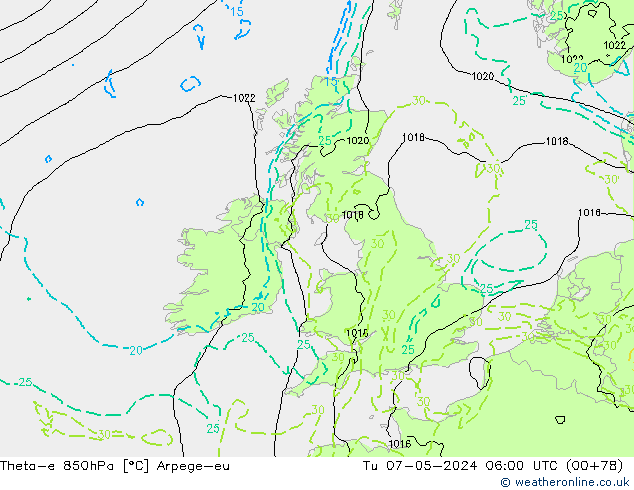 Theta-e 850hPa Arpege-eu Sa 07.05.2024 06 UTC
