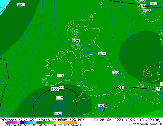 Thck 500-1000гПа Arpege-eu Вс 05.05.2024 12 UTC