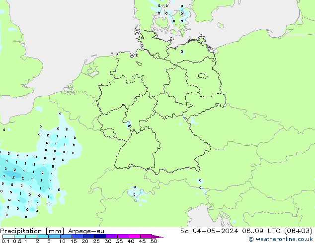 Srážky Arpege-eu So 04.05.2024 09 UTC