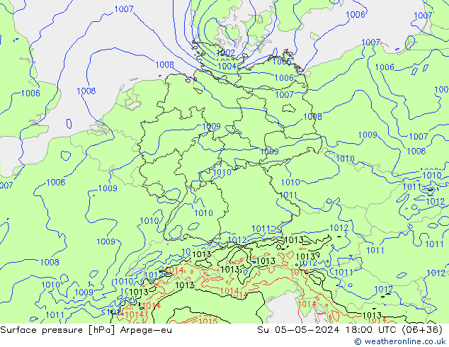 Pressione al suolo Arpege-eu dom 05.05.2024 18 UTC