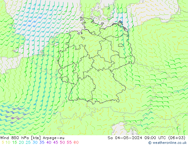 风 850 hPa Arpege-eu 星期六 04.05.2024 09 UTC