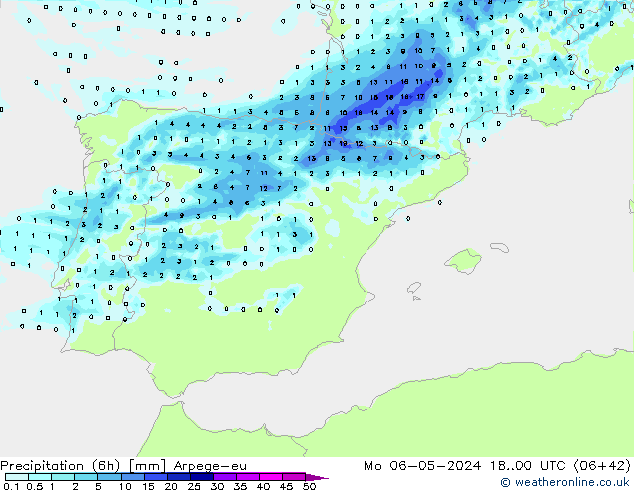 Totale neerslag (6h) Arpege-eu ma 06.05.2024 00 UTC