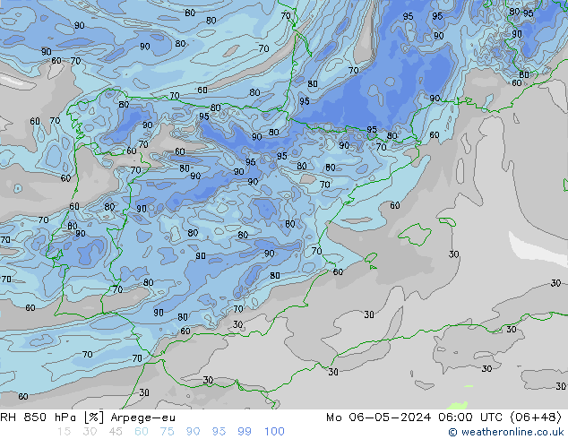 Humidité rel. 850 hPa Arpege-eu lun 06.05.2024 06 UTC