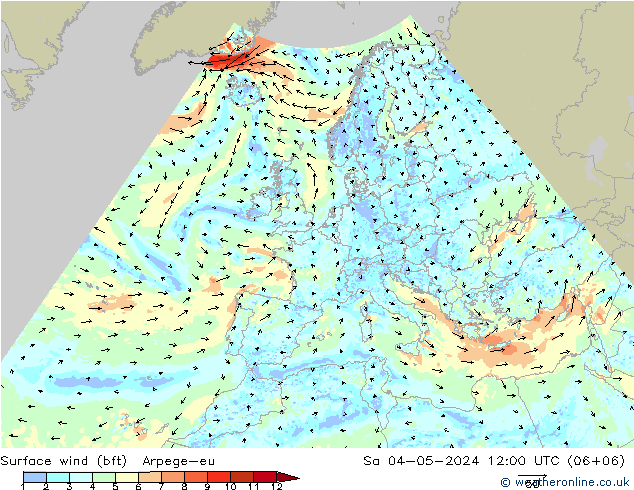 Vento 10 m (bft) Arpege-eu sab 04.05.2024 12 UTC
