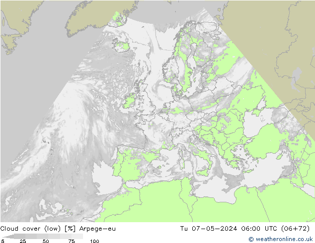 Cloud cover (low) Arpege-eu Tu 07.05.2024 06 UTC